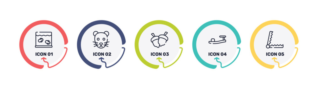 wildlife outline icon set featuring aquarium, rat, hazelnut, sandals icons.