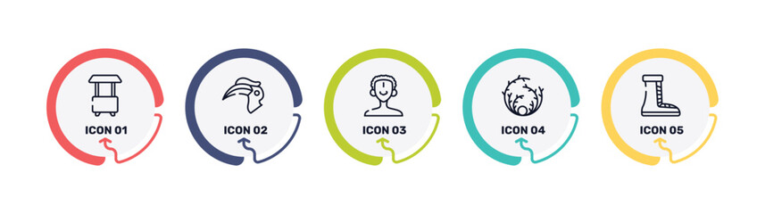 winter nature outline icon set featuring food cart, hornbill, african man, tumbleweed icons. © VectorStockDesign