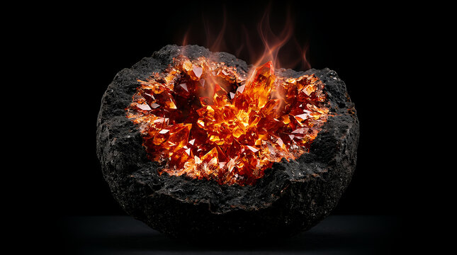 Geode emits a warm internal glow with flickering flames rising from its crystallized center, resting on a dark surface to highlight the dramatic contrast between rough rock and radiant energy.