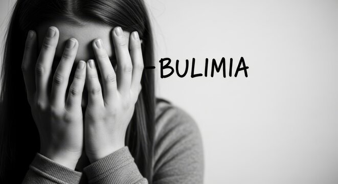 Young woman with hands over face symbolizing the struggle with bulimia nervosa. Black and white image of mental health awareness.