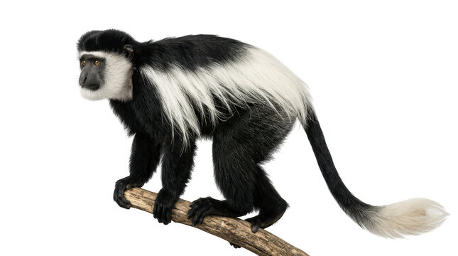 Mantled guereza monkey, colobus guereza, walking on a branch, isolated on transparent background