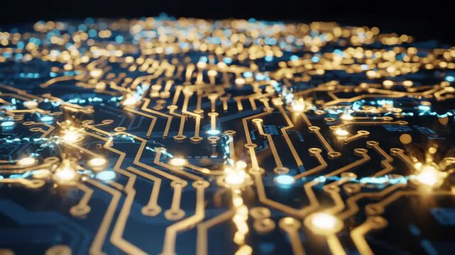 Abstract digital circuit board with pulses of light moving through gold paths representing secure supply chain tracking and blockchain ledger