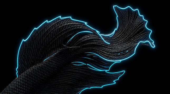 Betta fish tail displays intricate dark ridges emphasized by a sharp cyan neon border, capturing the fluid motion of the aquatic creature's fins within a stylized and minimalist digital composition.