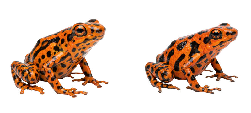 Two vibrant orange and black harlequin toads isolated on transparent background