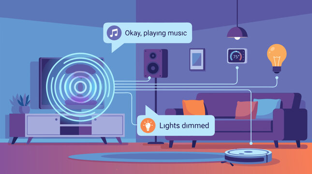 Flat vector living room layout displaying connected modern home appliances, lighting, and entertainment systems controlled by a central AI voice command hub.