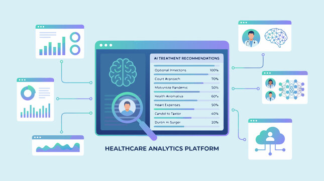 Medical tracking software interface vector illustrating real-time cardiovascular telemetry, body temperature metrics, and computerized laboratory diagnostics summaries.