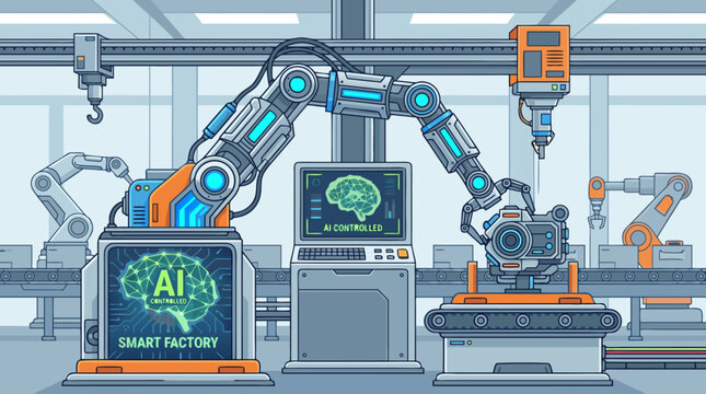 Detailed manufacturing vector scene showing a precision mechanical assembly arm welding structural steel frames on a high speed automated heavy industry factory line.