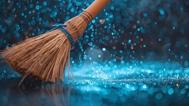 Rustic straw broom sweeping blue magical sparkles on a dark background