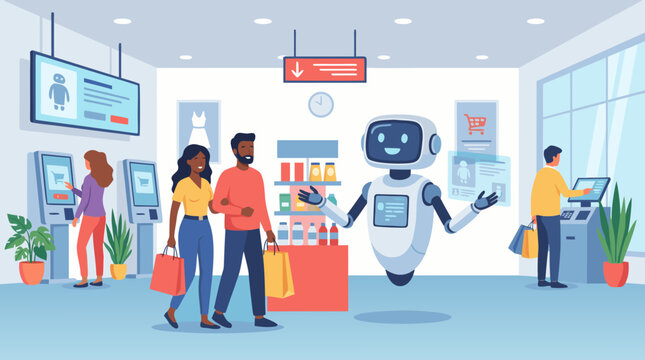 Bustling retail supermarket vector scene where a friendly autonomous humanoid store associate robot guides corporate clients through a smart self checkout scanner kiosk.
