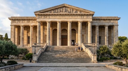 Obraz premium Majestic Ancient Museum Entrance with Grand Stone Pillars and Staircase