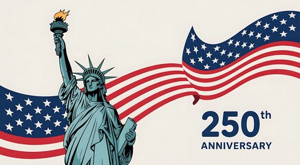 Naklejka premium Statue of liberty 250th anniversary american flag illustration