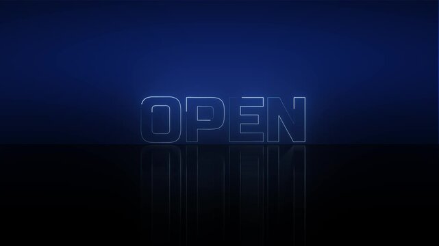 Blue neon glowing open text sign with reflection on dark background