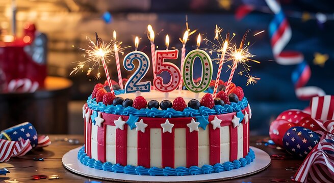 Festive 250th birthday cake with sparklers and patriotic decorations
