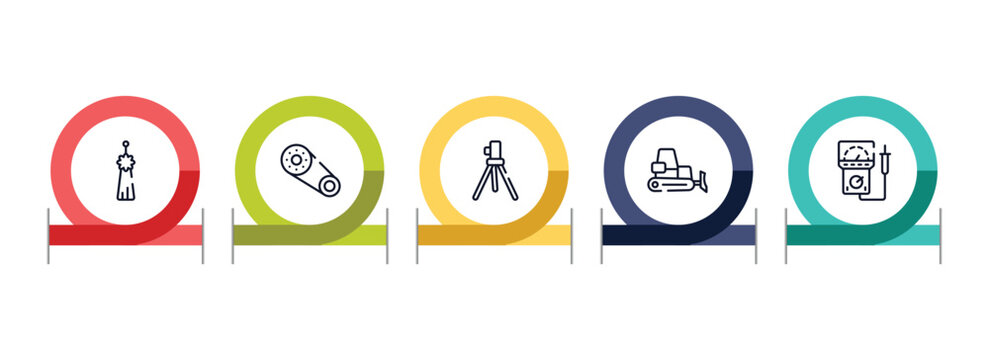 electrician tools outline icon set featuring norigae, timing belt, geodetic, dozer icons.
