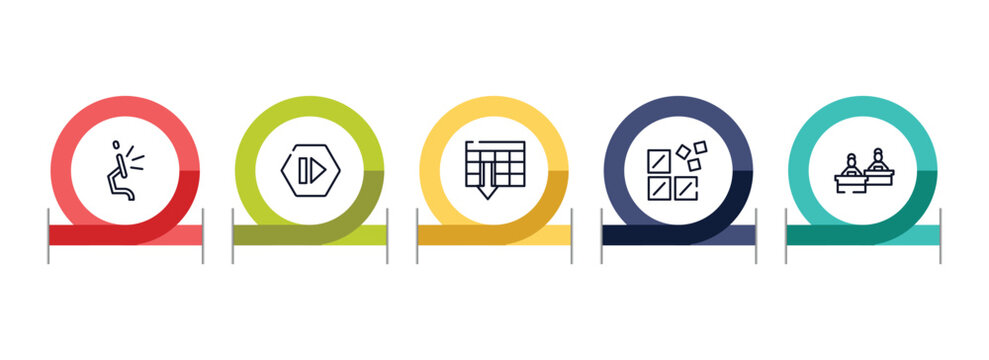 computer workers outline icon set featuring screen flat side view, forward media step, spreadsheet ascending order, registry icons.