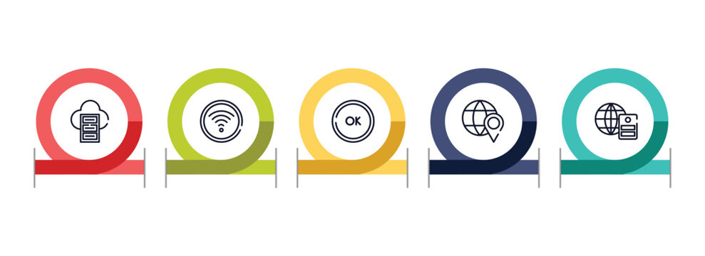 computer and media outline icon set featuring server cloud, wifi connection to internet, ok button, placeholder on a globe icons.