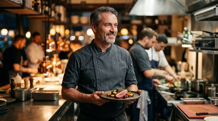 Fototapeta premium Male chef in gray uniform holds a plate of gourmet food in a busy restaurant kitchen with other chefs preparing dishes in the background