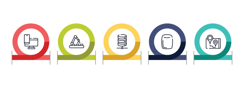 electronic outline icon set featuring responsive website, conveyor belt, network server, homepod icons.