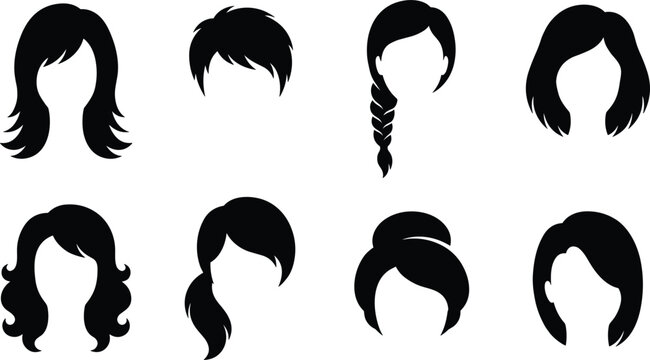 Female Hairstyle Black Silhouette Icon Set Featuring Long Layered, Pixie Cut, Braid, Curly, Ponytail, and Bun Hair Styles for Beauty Salon Branding