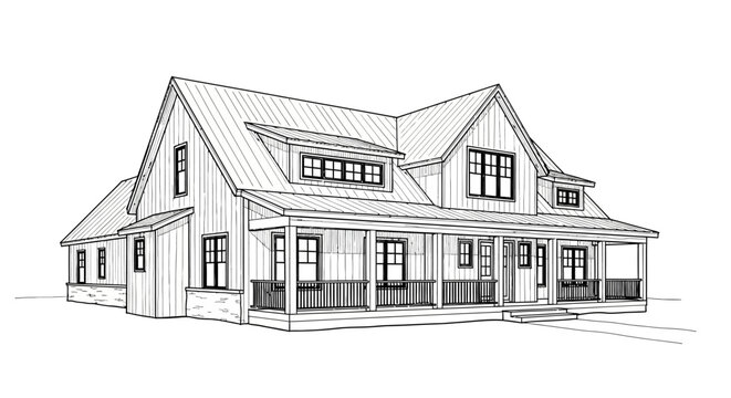 A detailed illustration of a modern house with a large porch and gable roof