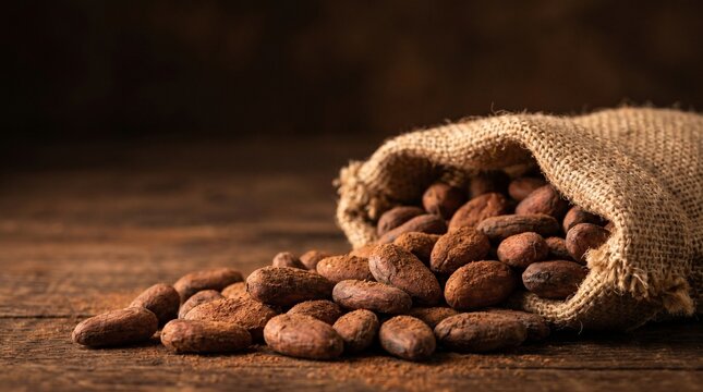 Roasted raw cocoa beans spilling from a burlap sack on a rustic wooden table, dark moody lighting