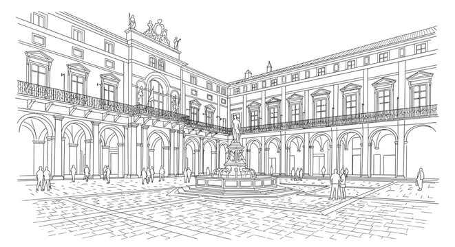 A large  illustration of an old Building with buildings and Arch in  and cobblestone ground and roads  a beautiful scence