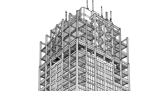 Detailed architectural illustration of a large building under construction with scaffolding