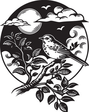 Adobe Illustrator Artwork Vintage woodblock style circle illustration of a bird on branch with detailed waves clouds and moon
