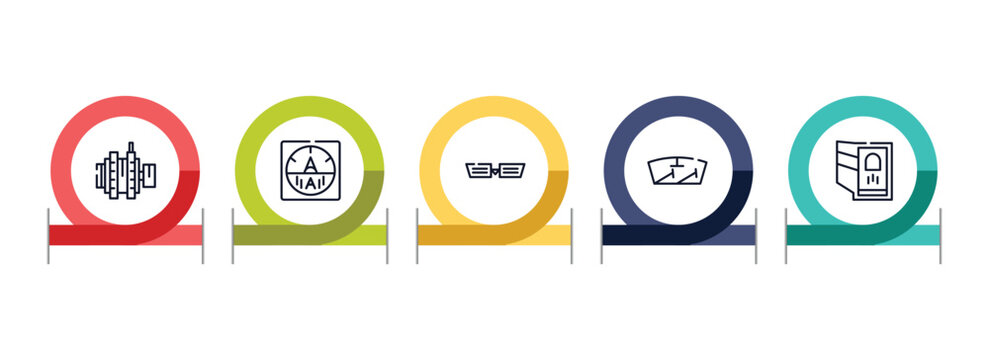 car parts outline icon set featuring car alternator, car ammeter, grille or radiator grille, windscreen icons.