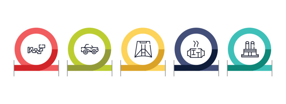 car parts outline icon set featuring car crankshaft, car soft top, hood, catalytic converter icons.