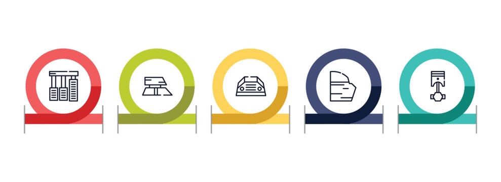car parts outline icon set featuring car accelerator, car roof, parcel shelf, trim icons.