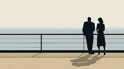 Silhouetted couple stands on a warm sun-drenched deck overlooking the cool calm ocean feeling peaceful and reflective © Irina