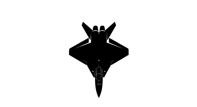 Minimal black silhouette icon, simple flat vector, bold black shape, no, no shading silhouette of a modern stealth fighter jet aircraft on a, flat icon style