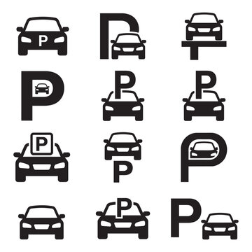 Set of black car parking area icons and road signs for vehicle traffic navigation vector design.