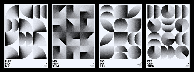 Abstract bauhaus poster set with geometric stippling pattern. Minimalist monochrome vector graphic design with circular and angular shapes. Modern art layout for interior wall decoration. © marruu