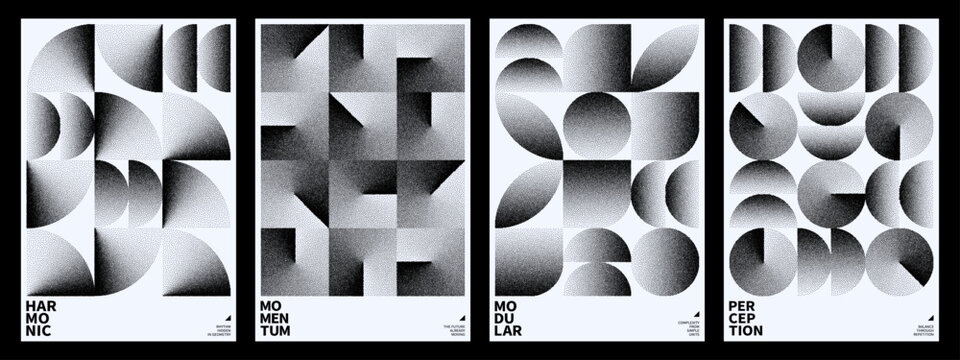 Abstract bauhaus poster set with geometric stippling pattern. Minimalist monochrome vector graphic design with circular and angular shapes. Modern art layout for interior wall decoration.