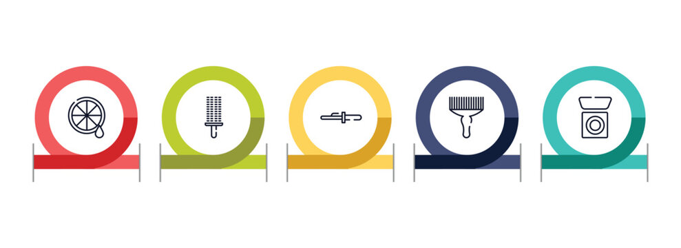 beauty outline icon set featuring lemon juice, circular comb, curling tongs, afro pick icons.