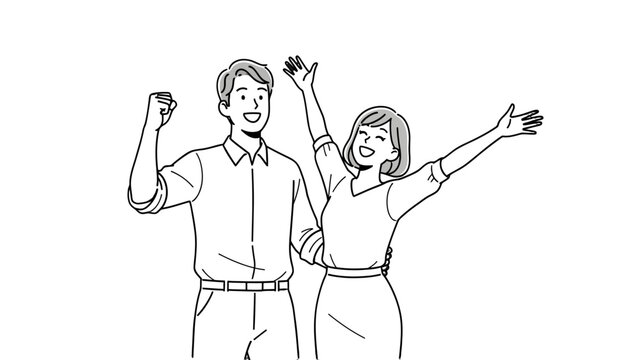 Two overjoyed business people cheering and raising their arms in celebration, expressing pure joy on an isolated white background.
