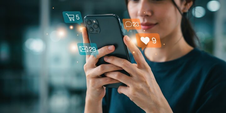 Woman holding smartphone displaying social media notification bubbles for shopping messages likes and chat engagement.