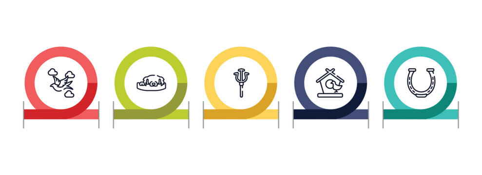 horses outline icon set featuring null, dog resting, trident, bird and house icons.