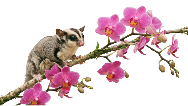 Sugar glider sitting on a branch with pink orchid flowers isolated on transparent background
