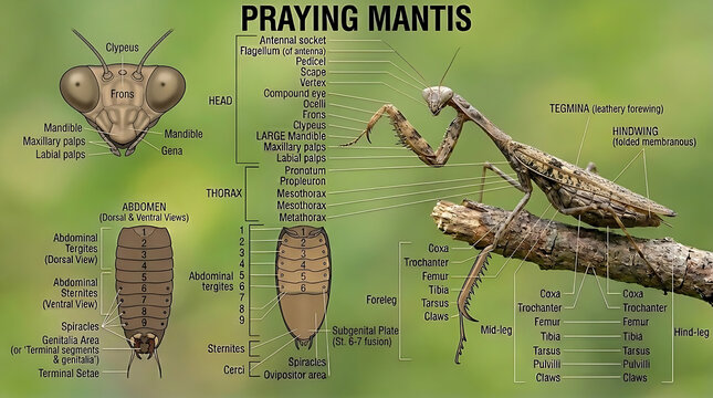 Praying Mantis Anatomy Educational Diagram With Labeled Body Parts  