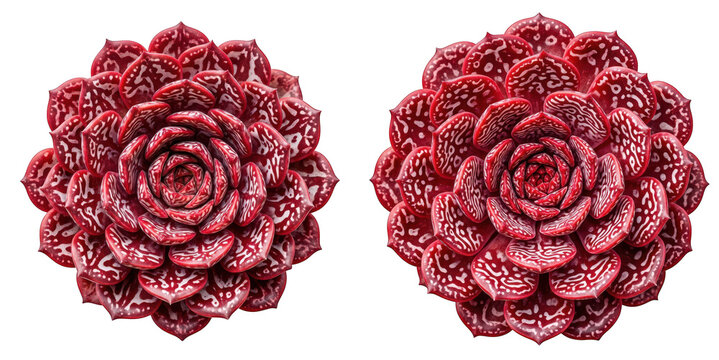 Top view of two beautiful red succulent plants with white patterns isolated on transparent background
