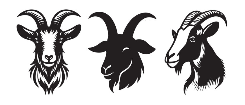 Collection of Goat Head Silhouettes, Horned Livestock Profile Vector, Farm Animal Icon Set