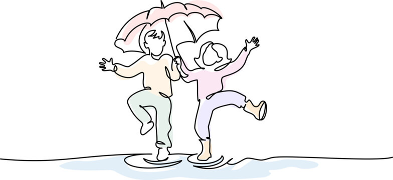 Cheerful boy and girl walk and jump under umbrella. Walk outdoors together.
