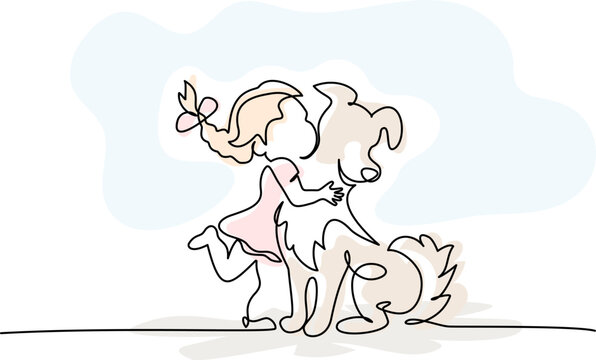 Happy small Girl hugs big dog. Continuous one line art drawing