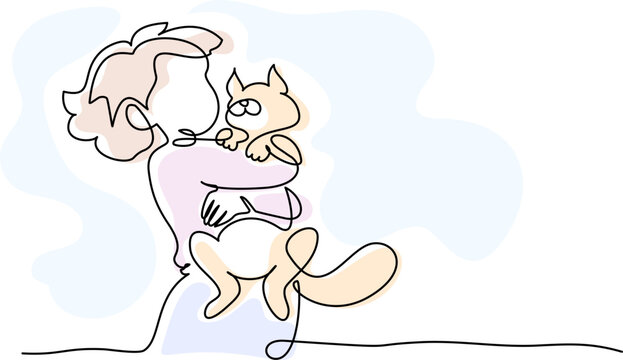 Little girl hugging cat. Continuous One line drawing.