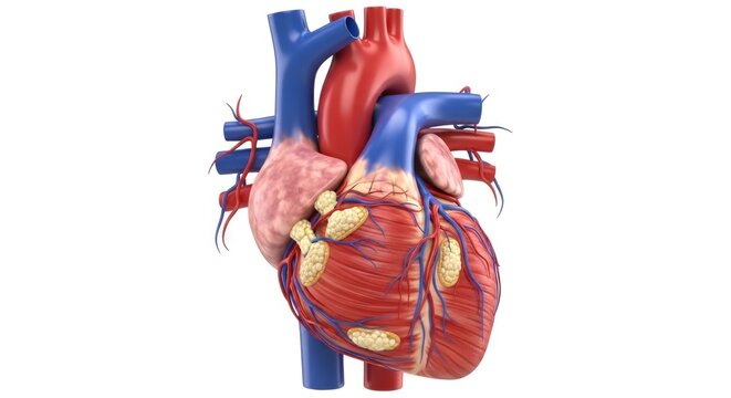 Human heart anatomy, cardiovascular system, medical illustration showing circulatory pathways, coronary arteries, and chamber structures, symbolizing heart health, disease prevention, organ support