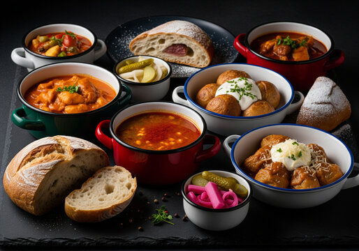 Premium macro photography of Hungarian dishes, guly&aacute;s, l&aacute;ngos, chicken paprikash, palacsinta, rustic bread, pickles, cinematic low-key food editorial