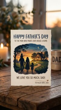Happy Father's Day Card: A heartfelt Father's Day card features a warm illustration of a family walking towards a cozy home at sunset, symbolizing love and belonging.